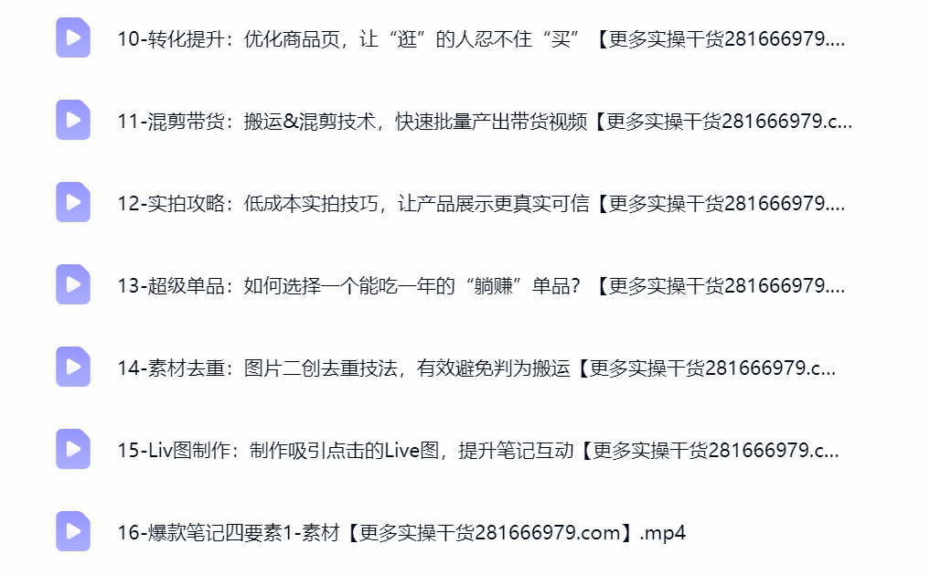 小红书电商掘金课课程目录截图，0 基础开店出单网赚教程
