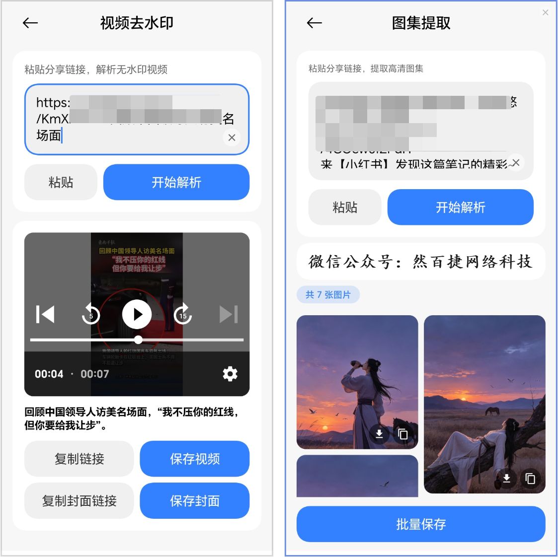 首页解析下载功能区展示视频去水印和图集提取功能