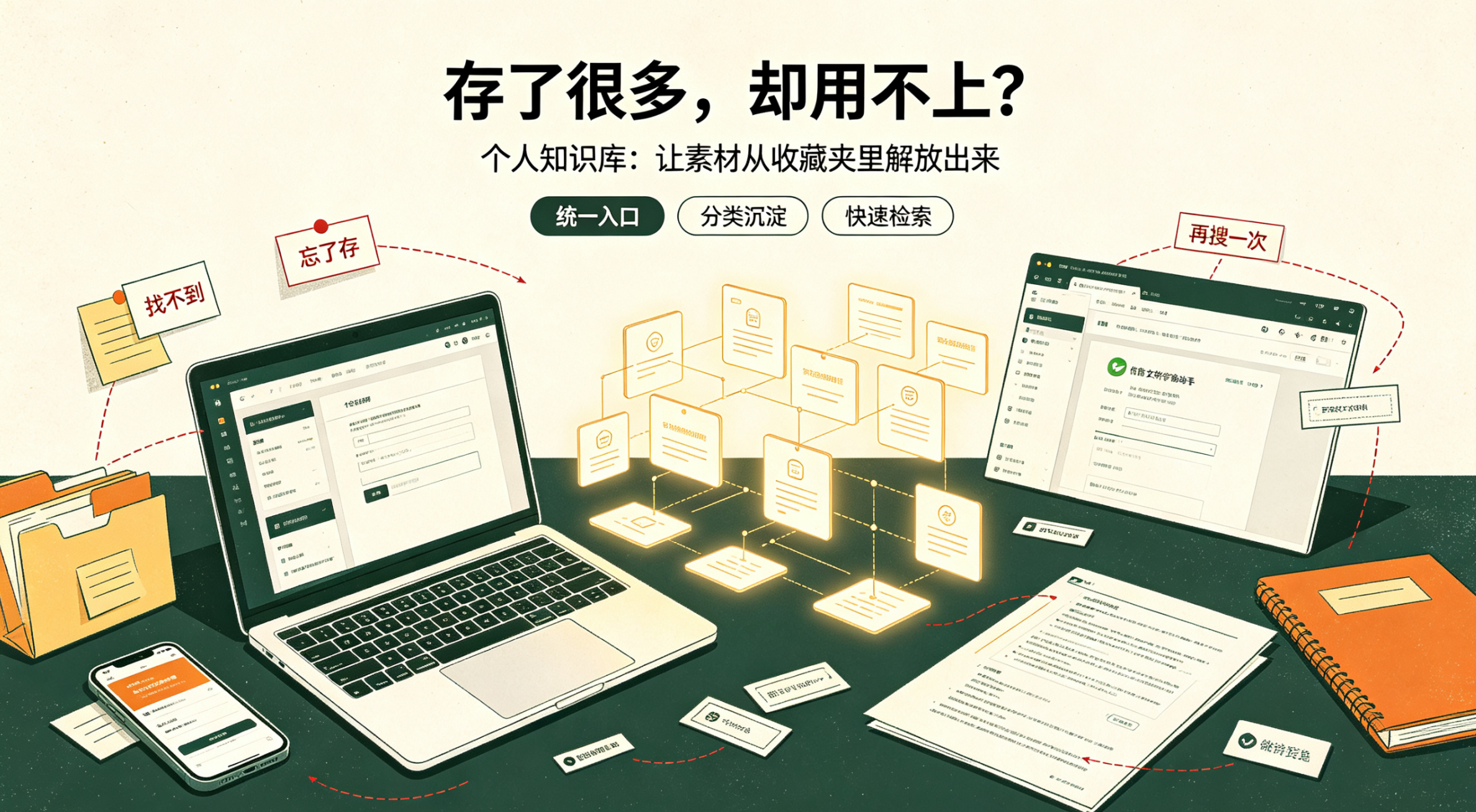 自媒体创作者零散素材存放痛点展示，收藏夹、相册、文件素材杂乱问题