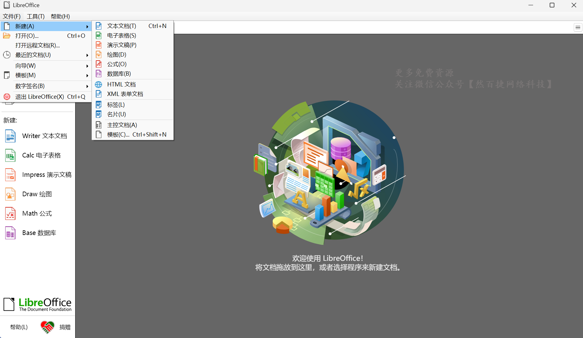 然百捷网络科技实测 LibreOffice 办公套件首页功能界面